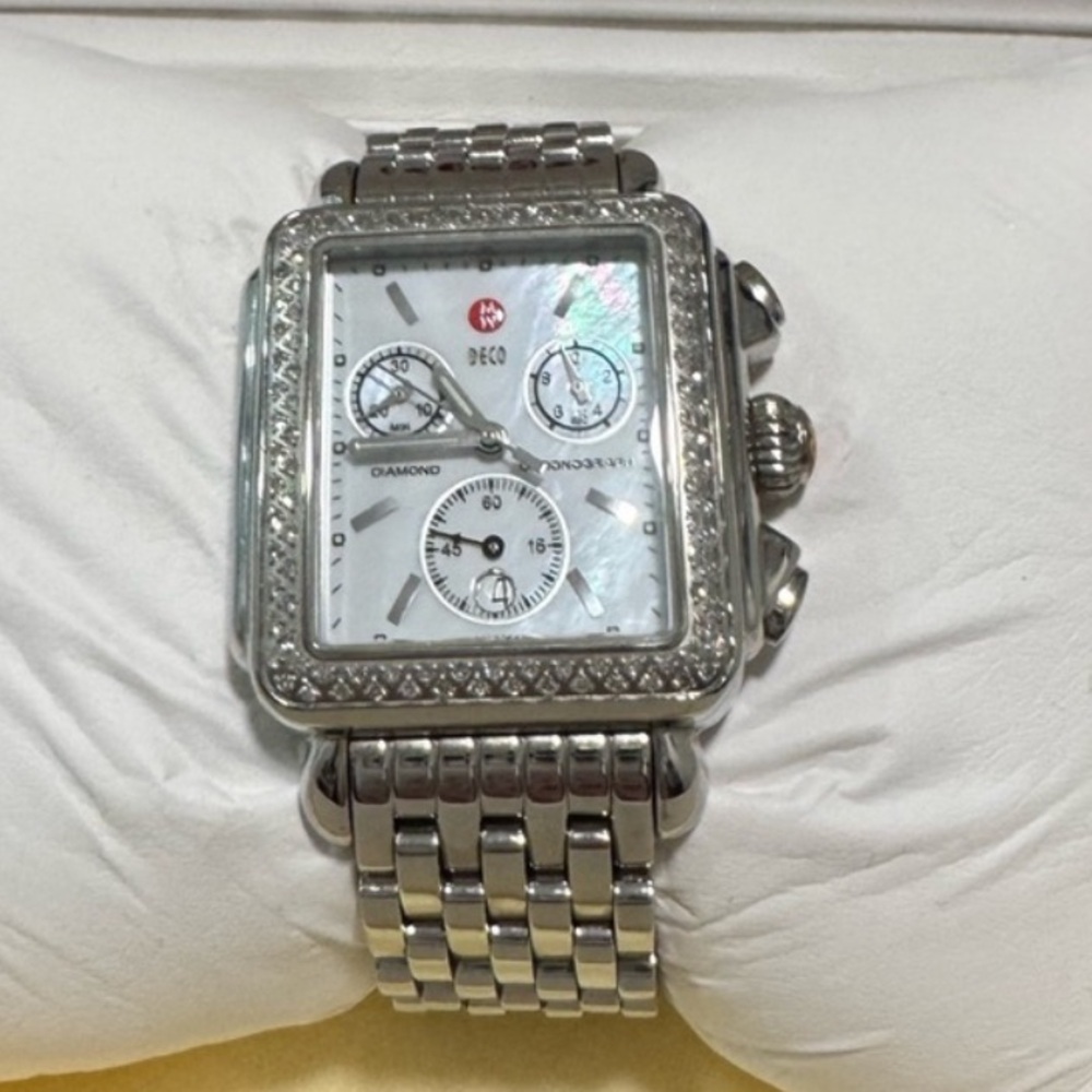 Michele Silver Diamond Accent Watch
